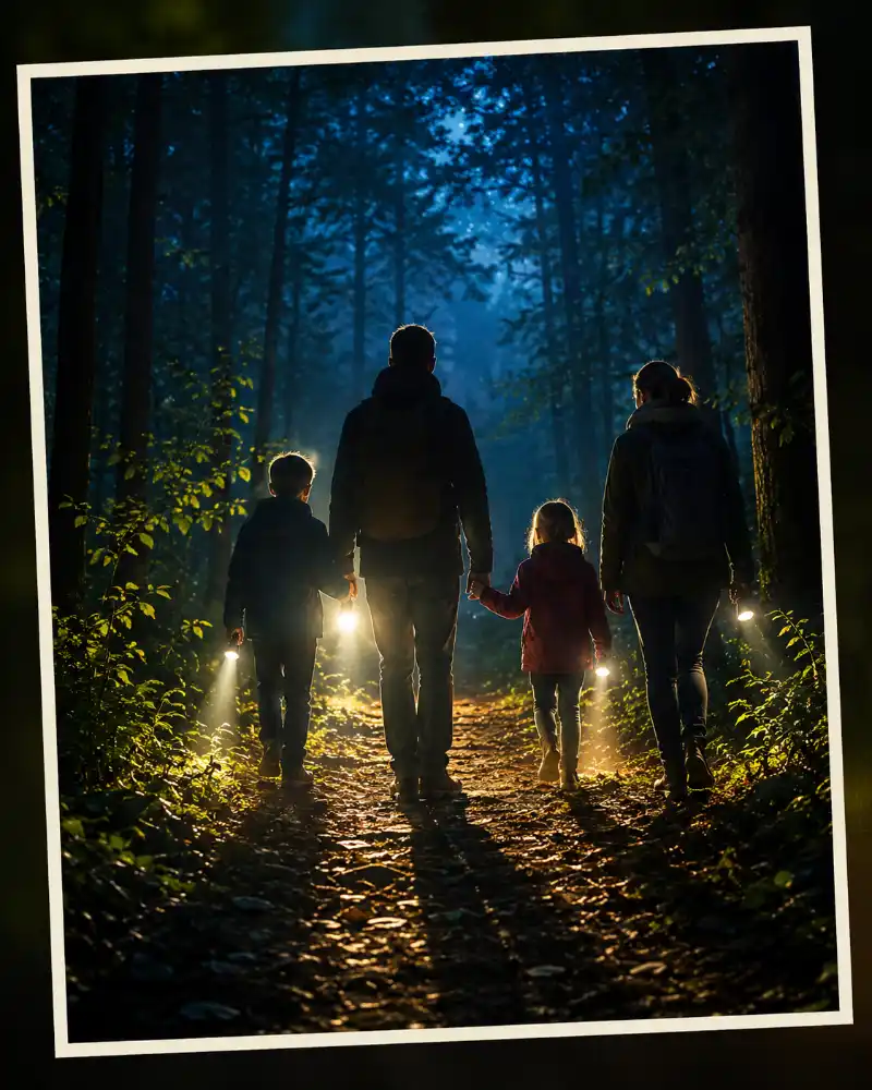Familie mit Taschenlampen im Wald